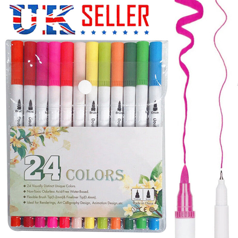 24pcs Colour Dual Tip Brush Pens Fineliners-Watercolour Art Markers Drawing XMAS