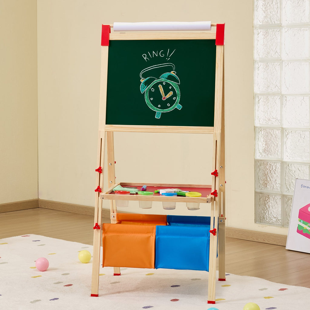Art Easel For Kids, 3-in-1 Wooden Double-Sided Kid's Art Easel With Magnetic Whiteboard, Chalkboard, Paper Roll, Adjustable Standing Drawing Board With Painting Accessories, Storage For Boy Girl