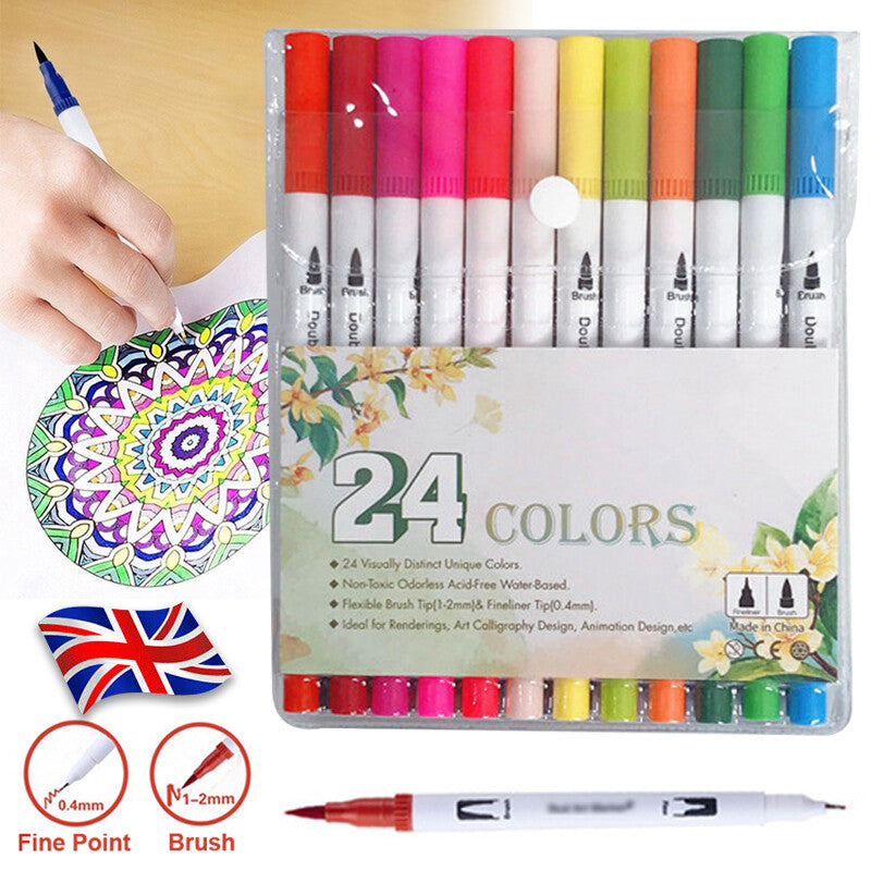 24pcs Colour Dual Tip Brush Pens Fineliners-Watercolour Art Markers Drawing XMAS
