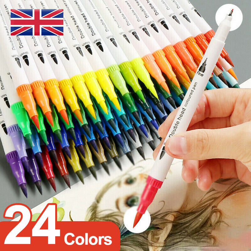 24pcs Colour Dual Tip Brush Pens Fineliners-Watercolour Art Markers Drawing XMAS