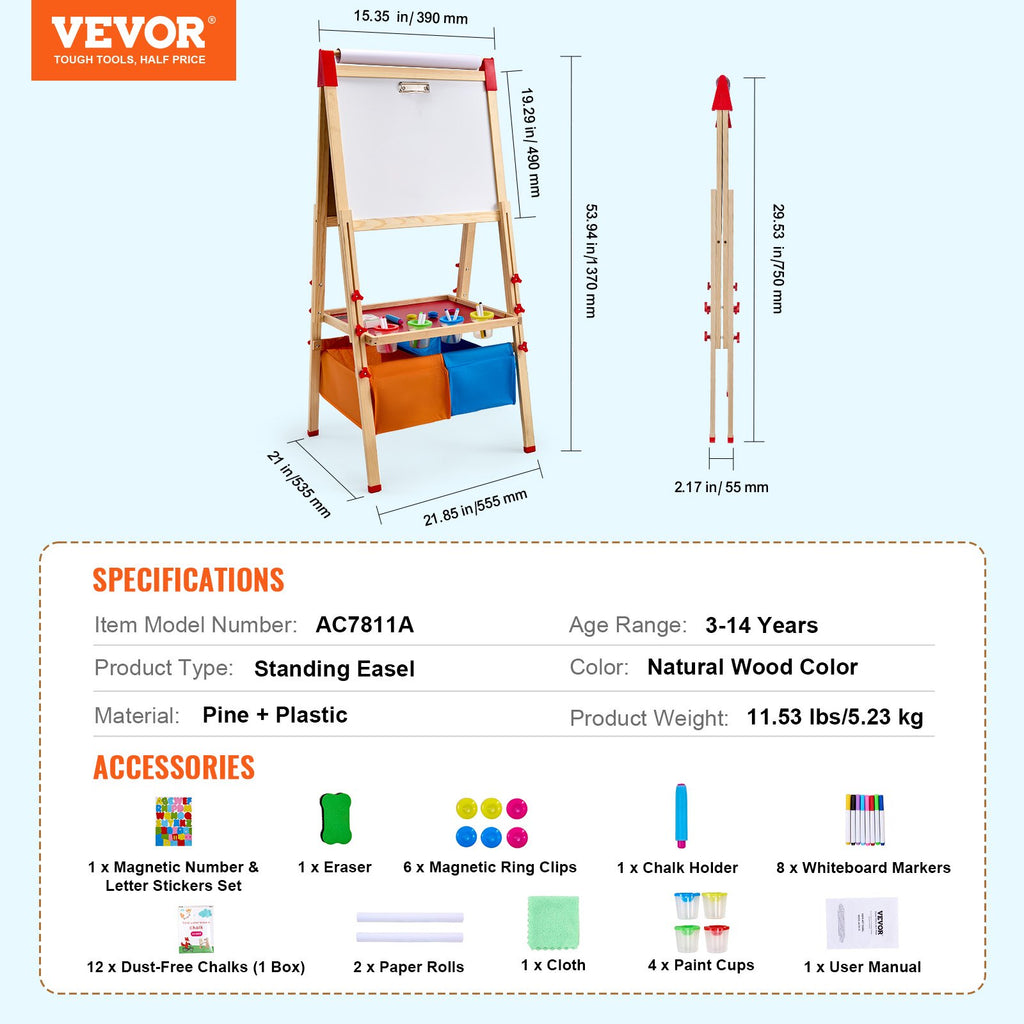 Art Easel For Kids, 3-in-1 Wooden Double-Sided Kid's Art Easel With Magnetic Whiteboard, Chalkboard, Paper Roll, Adjustable Standing Drawing Board With Painting Accessories, Storage For Boy Girl